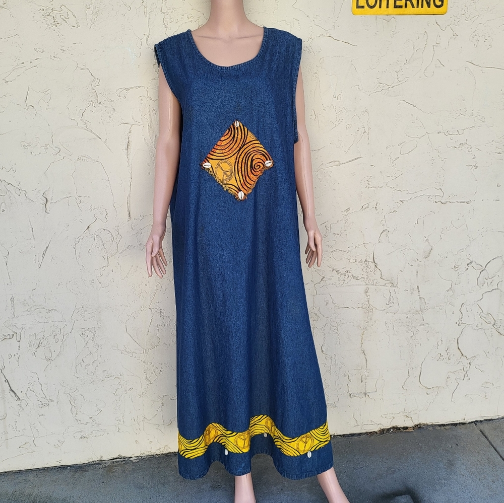 Blue Jean Jumper Dress With Ankara Cloth and Cowrie Shells